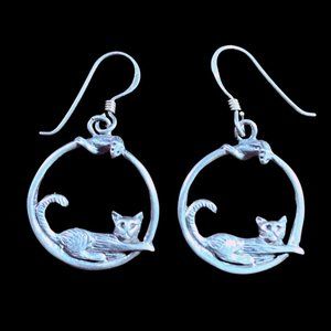 Vintage 925 Sterling Silver Cat & Mouse Earrings with Ear Wires 1" Drops